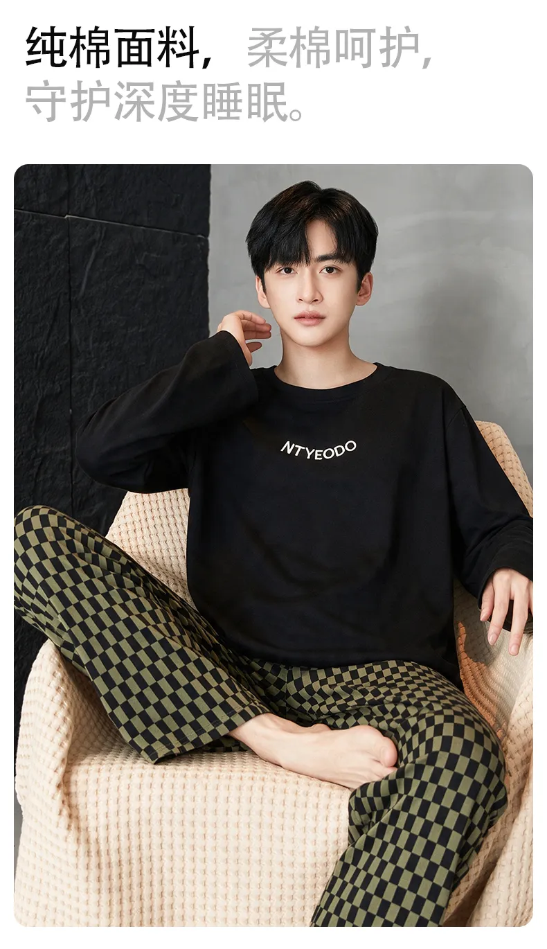 New Autumn Winter Men's Pajamas Double-Sided Pure Cotton High Quality Minimalist Pajamas Men's Wearable Outside Loungewear Set · Wholesale · OEM · Worldwide Shipping - Detail 9