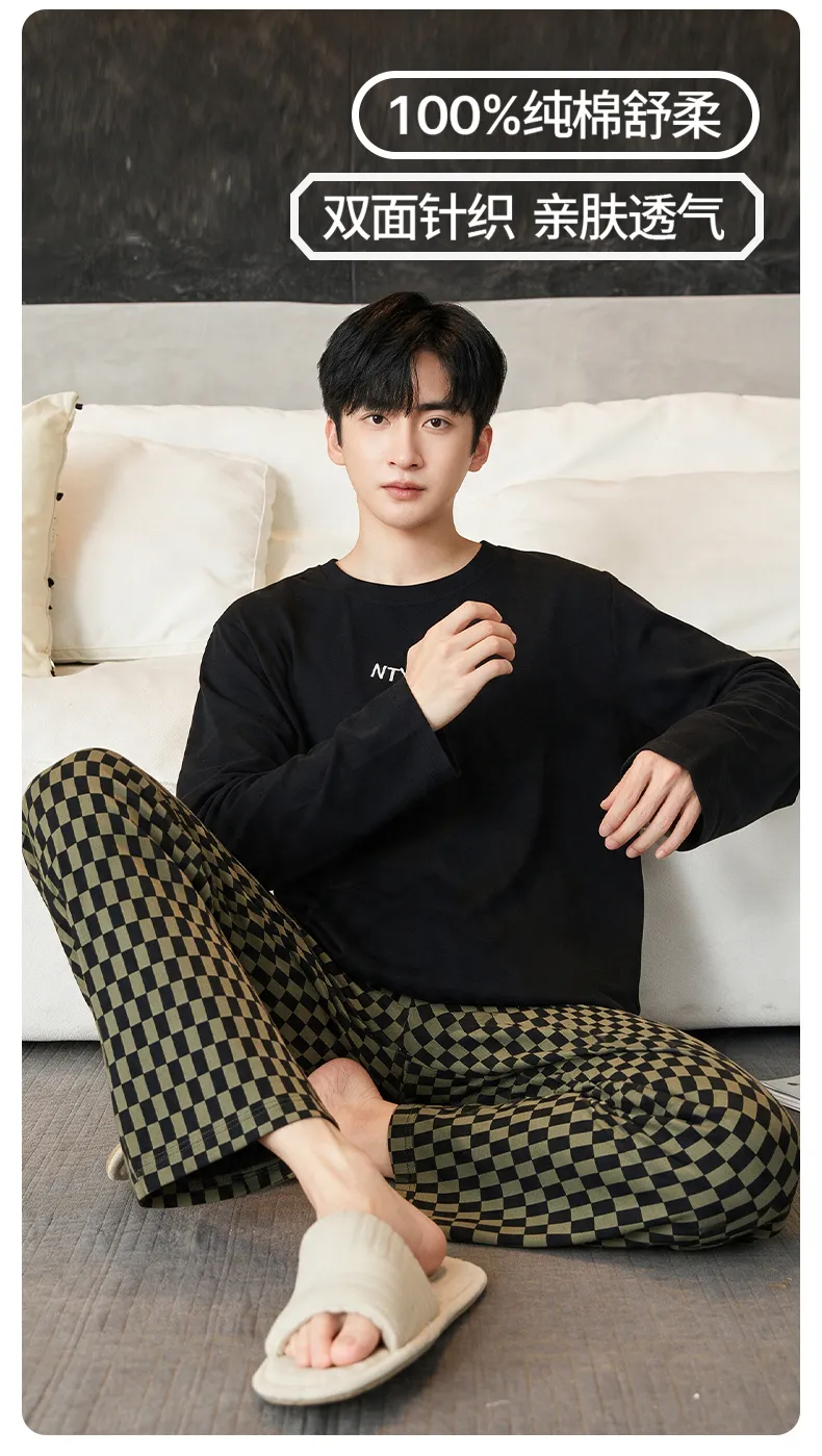 New Autumn Winter Men's Pajamas Double-Sided Pure Cotton High Quality Minimalist Pajamas Men's Wearable Outside Loungewear Set · Wholesale · OEM · Worldwide Shipping - Detail 2
