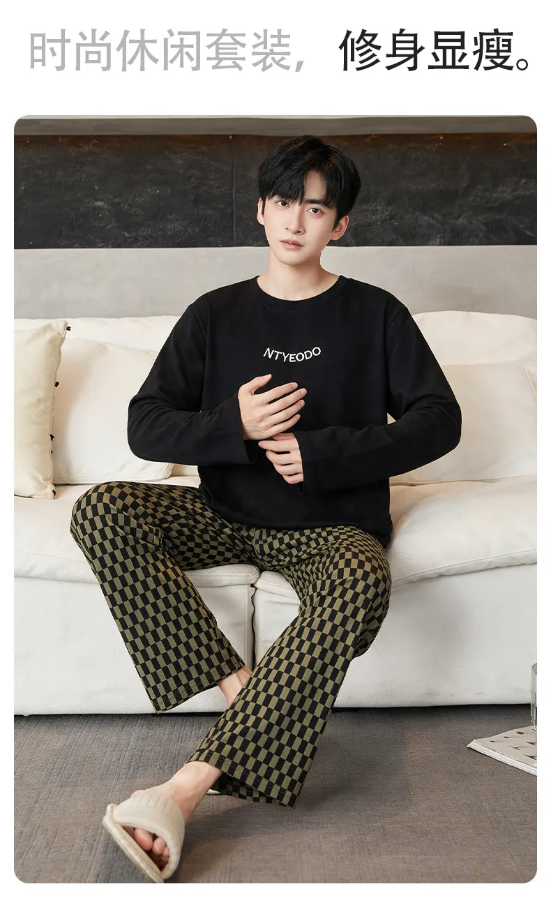 New Autumn Winter Men's Pajamas Double-Sided Pure Cotton High Quality Minimalist Pajamas Men's Wearable Outside Loungewear Set · Wholesale · OEM · Worldwide Shipping - Detail 8