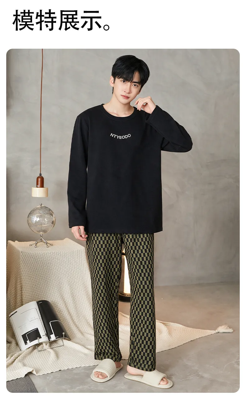 New Autumn Winter Men's Pajamas Double-Sided Pure Cotton High Quality Minimalist Pajamas Men's Wearable Outside Loungewear Set · Wholesale · OEM · Worldwide Shipping - Detail 10