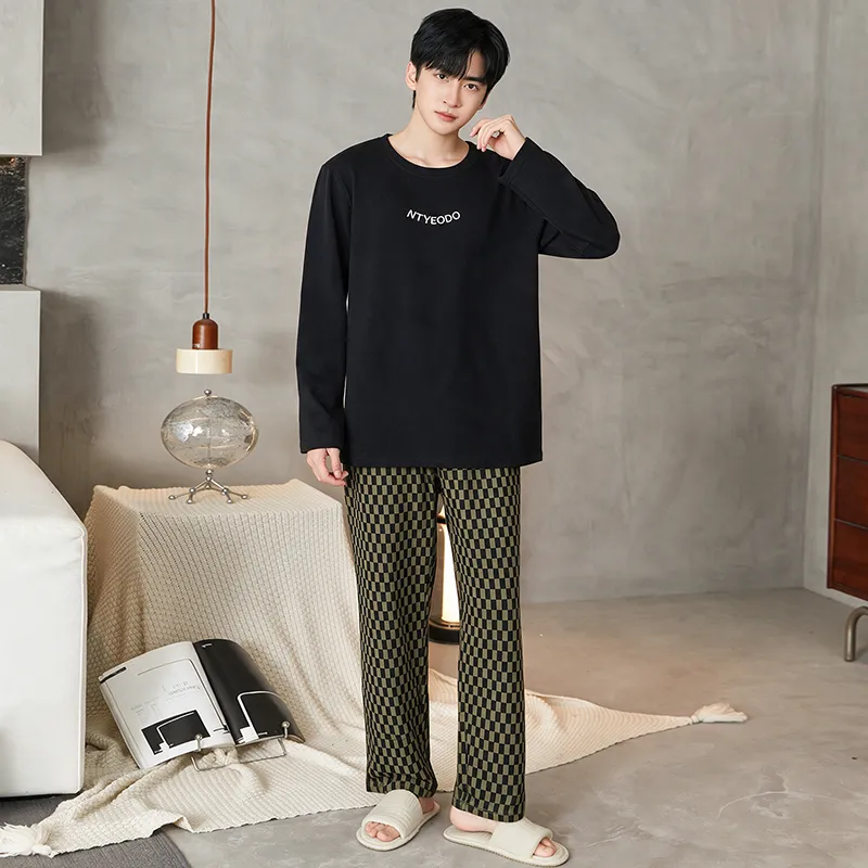 New Autumn Winter Men's Pajamas Double-Sided Pure Cotton High Quality Minimalist Pajamas Men's Wearable Outside Loungewear Set · Wholesale · OEM · Worldwide Shipping - View 1