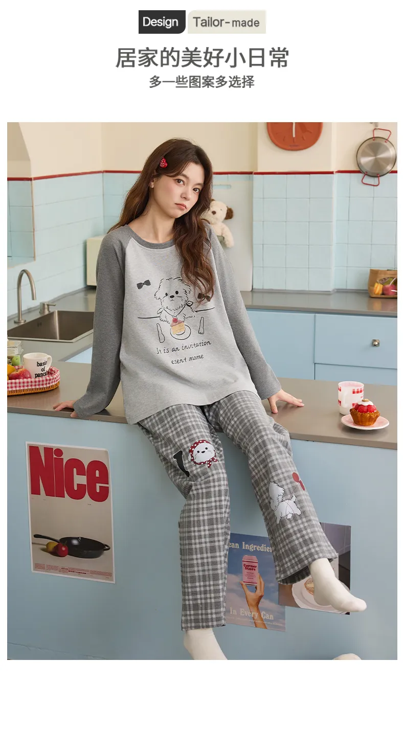 Banban Piyama Wanita Musim Gugur Dingin Baru Katun Murni Leher Bulat dengan Bantalan Bra INS Gaya Korea Kartun Lucu Set Pakaian Rumah · Grosir · OEM · Pengiriman Global - Detail 4