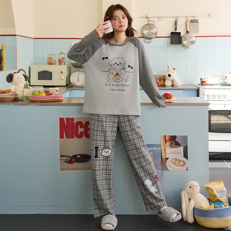 Banban Piyama Wanita Musim Gugur Dingin Baru Katun Murni Leher Bulat dengan Bantalan Bra INS Gaya Korea Kartun Lucu Set Pakaian Rumah · Grosir · OEM · Pengiriman Global - View 3