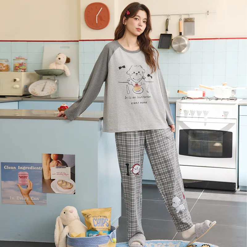 Banban Piyama Wanita Musim Gugur Dingin Baru Katun Murni Leher Bulat dengan Bantalan Bra INS Gaya Korea Kartun Lucu Set Pakaian Rumah · Grosir · OEM · Pengiriman Global - View 2