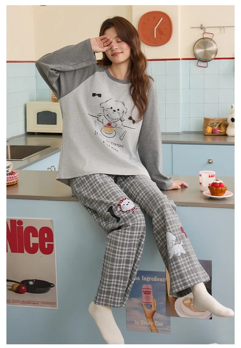 Banban Piyama Wanita Musim Gugur Dingin Baru Katun Murni Leher Bulat dengan Bantalan Bra INS Gaya Korea Kartun Lucu Set Pakaian Rumah · Grosir · OEM · Pengiriman Global - Detail 16