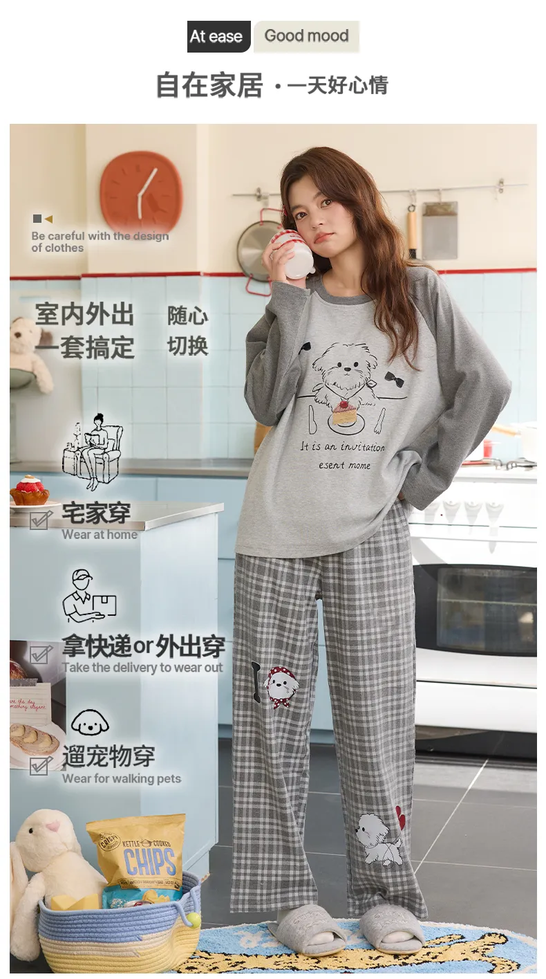 Banban Piyama Wanita Musim Gugur Dingin Baru Katun Murni Leher Bulat dengan Bantalan Bra INS Gaya Korea Kartun Lucu Set Pakaian Rumah · Grosir · OEM · Pengiriman Global - Detail 5