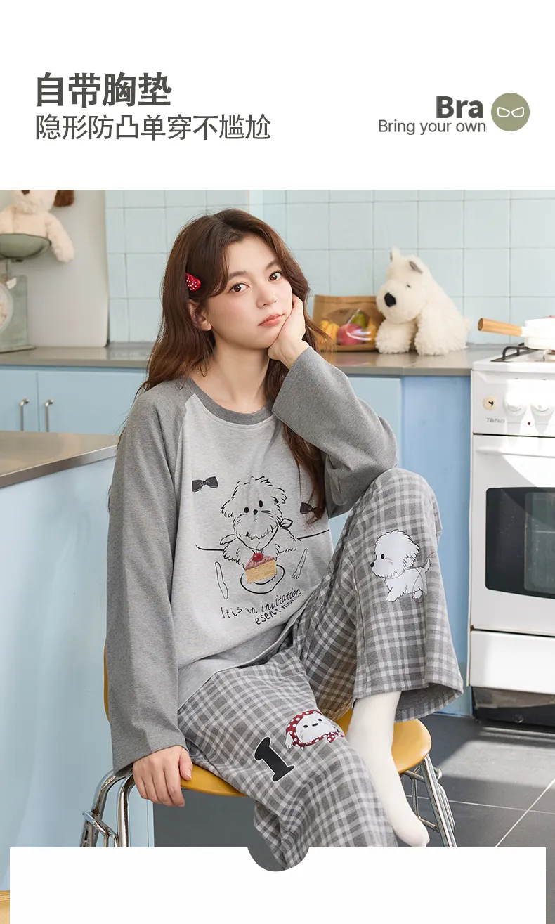Banban Piyama Wanita Musim Gugur Dingin Baru Katun Murni Leher Bulat dengan Bantalan Bra INS Gaya Korea Kartun Lucu Set Pakaian Rumah · Grosir · OEM · Pengiriman Global - Detail 1