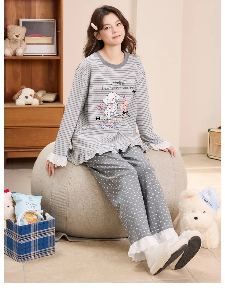 Ensemble de pyjama femme automne-hiver nouvelle collection pur coton col rond avec coussinets intégrés style ins coréen mignon · Grossiste · OEM · Mondial - Detail 14