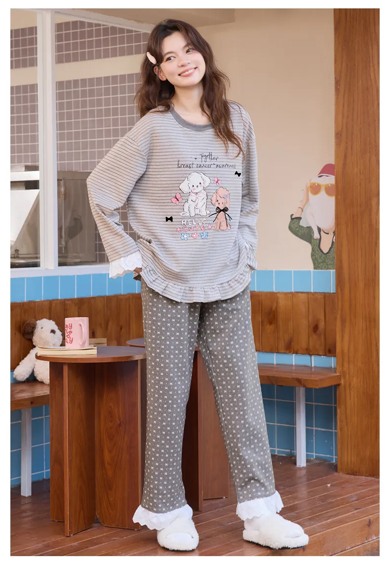 Ensemble de pyjama femme automne-hiver nouvelle collection pur coton col rond avec coussinets intégrés style ins coréen mignon · Grossiste · OEM · Mondial - Detail 17