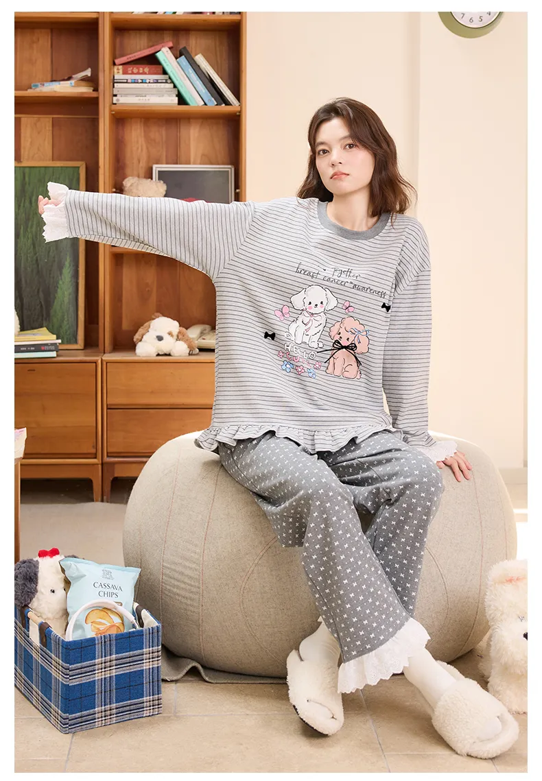 Ensemble de pyjama femme automne-hiver nouvelle collection pur coton col rond avec coussinets intégrés style ins coréen mignon · Grossiste · OEM · Mondial - Detail 16