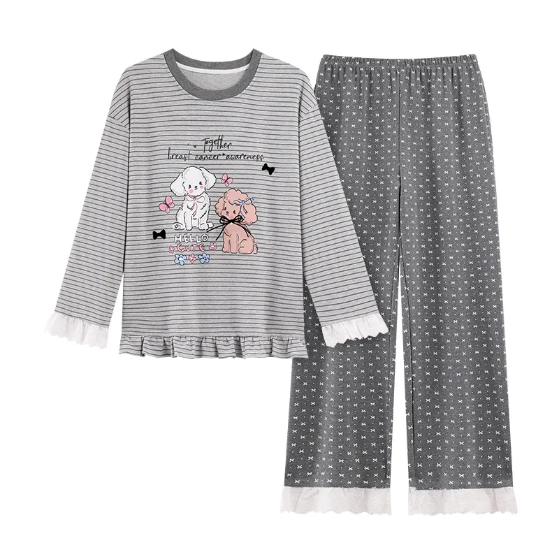 Ensemble de pyjama femme automne-hiver nouvelle collection pur coton col rond avec coussinets intégrés style ins coréen mignon · Grossiste · OEM · Mondial - View 4
