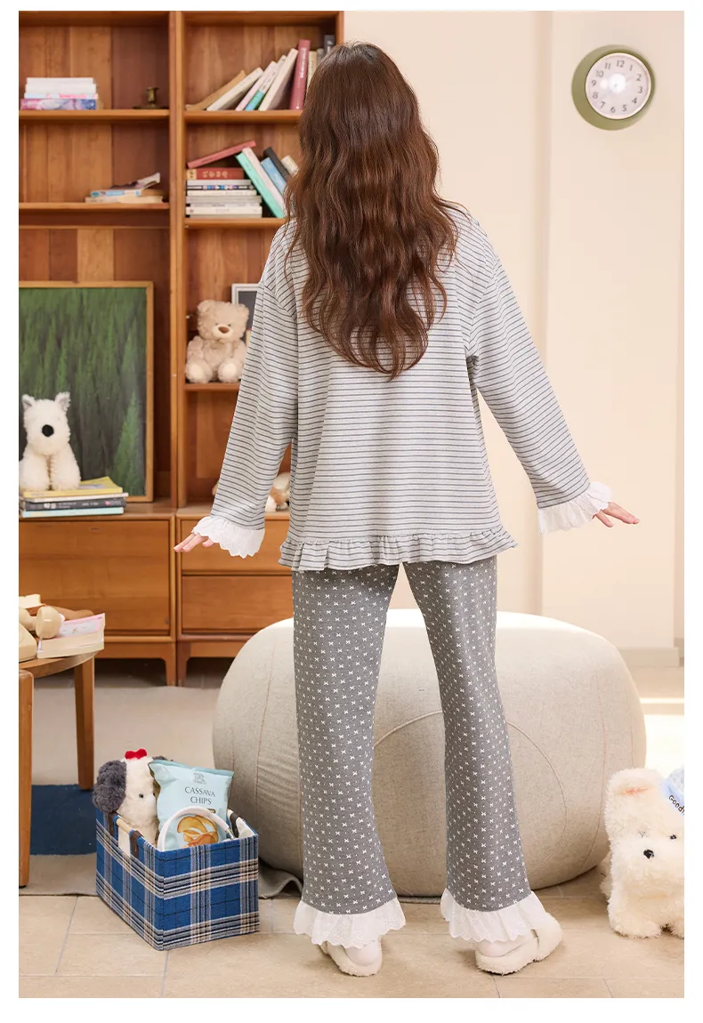 Ensemble de pyjama femme automne-hiver nouvelle collection pur coton col rond avec coussinets intégrés style ins coréen mignon · Grossiste · OEM · Mondial - Detail 18