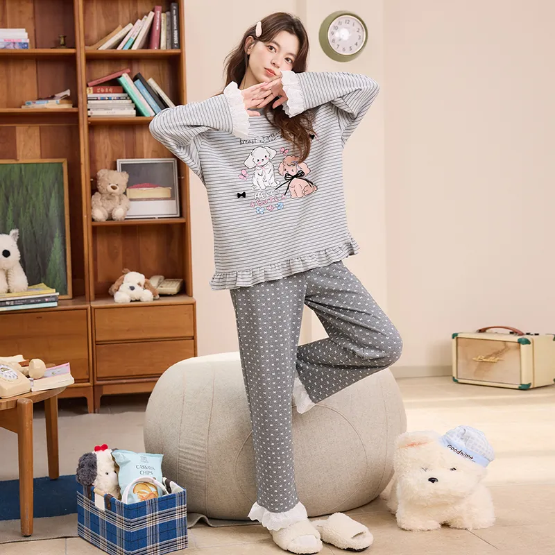 Ensemble de pyjama femme automne-hiver nouvelle collection pur coton col rond avec coussinets intégrés style ins coréen mignon · Grossiste · OEM · Mondial - View 3