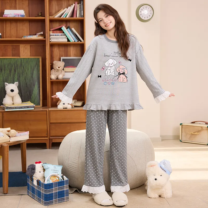 Ensemble de pyjama femme automne-hiver nouvelle collection pur coton col rond avec coussinets intégrés style ins coréen mignon · Grossiste · OEM · Mondial - View 2