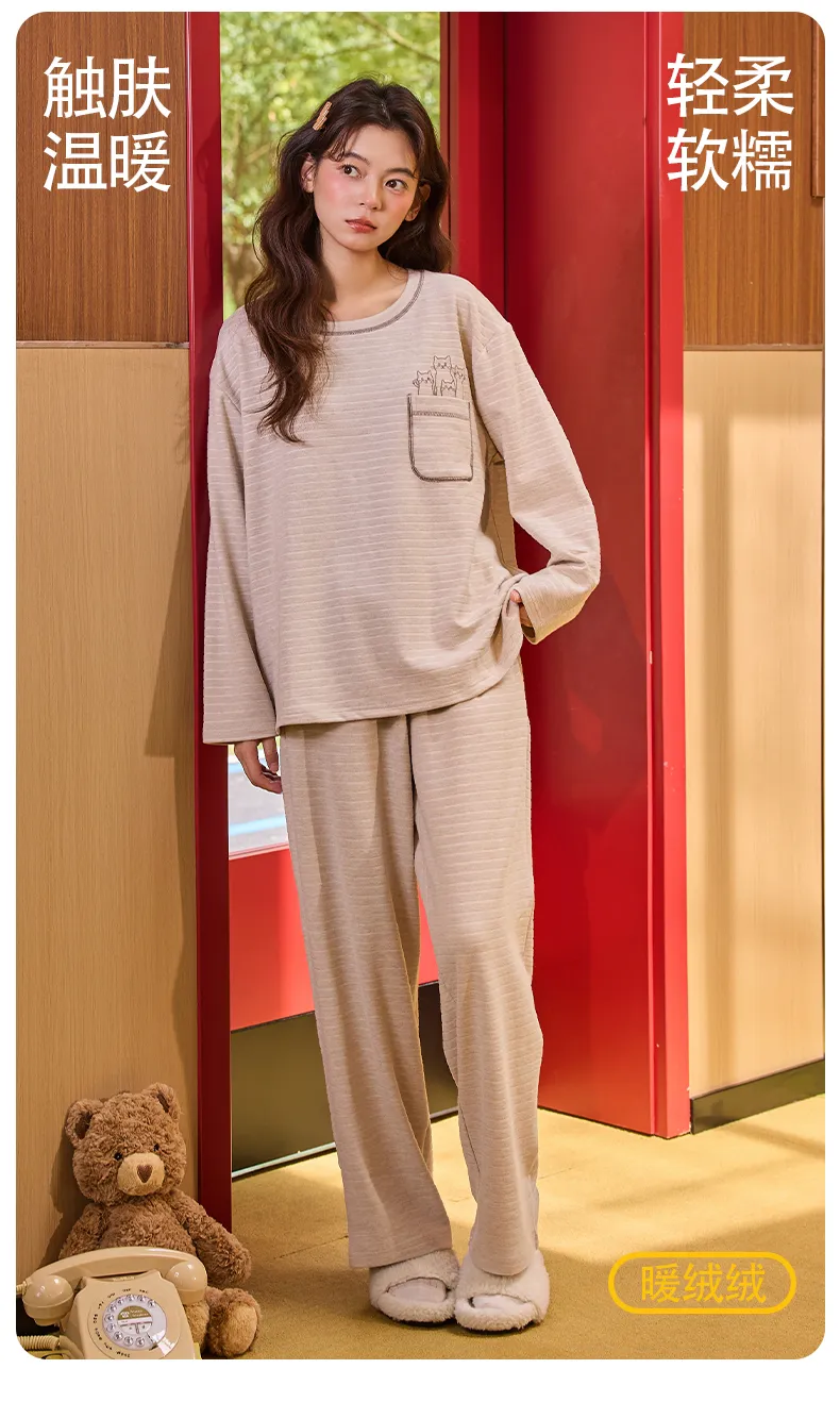 Women's Pajamas Autumn Winter German Velvet Cashmere Double-Sided AB Embossed Velvet Cute Cartoon Warm Wearable Outside Homewear Pajama Set for Women · Wholesale · OEM · Worldwide Shipping - Detail 6