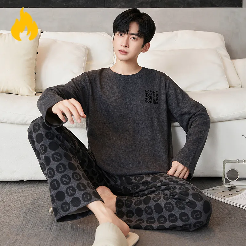 Autumn Winter New Cashmere AB-Side Men's Pajamas Korean Style Crew Neck Set Warm Casual Wearable Outside Loungewear · Wholesale · OEM · Worldwide Shipping - Detail 6