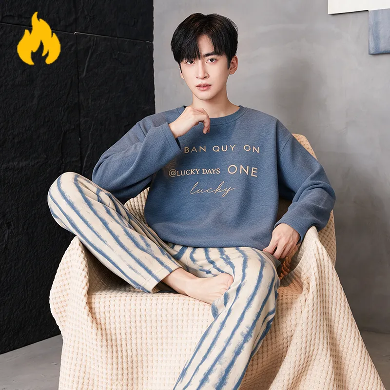 Autumn Winter New Cashmere AB-Side Men's Pajamas Korean Style Crew Neck Set Warm Casual Wearable Outside Loungewear · Wholesale · OEM · Worldwide Shipping