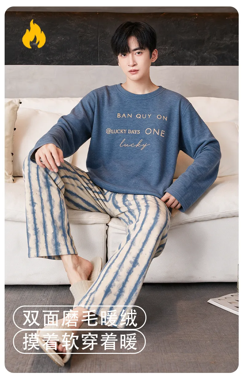 Autumn Winter New Cashmere AB-Side Men's Pajamas Korean Style Crew Neck Set Warm Casual Wearable Outside Loungewear · Wholesale · OEM · Worldwide Shipping - Detail 7