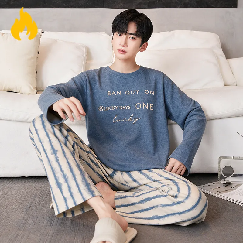 Autumn Winter New Cashmere AB-Side Men's Pajamas Korean Style Crew Neck Set Warm Casual Wearable Outside Loungewear · Wholesale · OEM · Worldwide Shipping - Detail 3