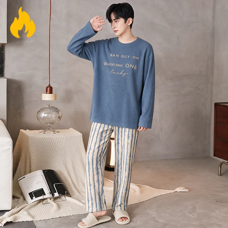 Autumn Winter New Cashmere AB-Side Men's Pajamas Korean Style Crew Neck Set Warm Casual Wearable Outside Loungewear · Wholesale · OEM · Worldwide Shipping - View 1