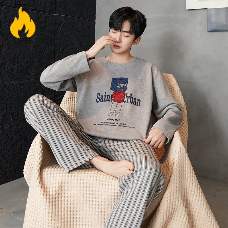 Autumn Winter New Cashmere AB-Side Men's Pajamas Korean Style Crew Neck Set Warm Casual Wearable Outside Loungewear · Wholesale · OEM · Worldwide Shipping - Detail 5