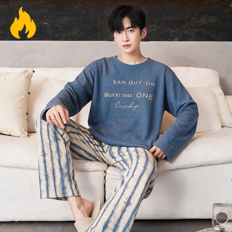 Autumn Winter New Cashmere AB-Side Men's Pajamas Korean Style Crew Neck Set Warm Casual Wearable Outside Loungewear · Wholesale · OEM · Worldwide Shipping - View 2