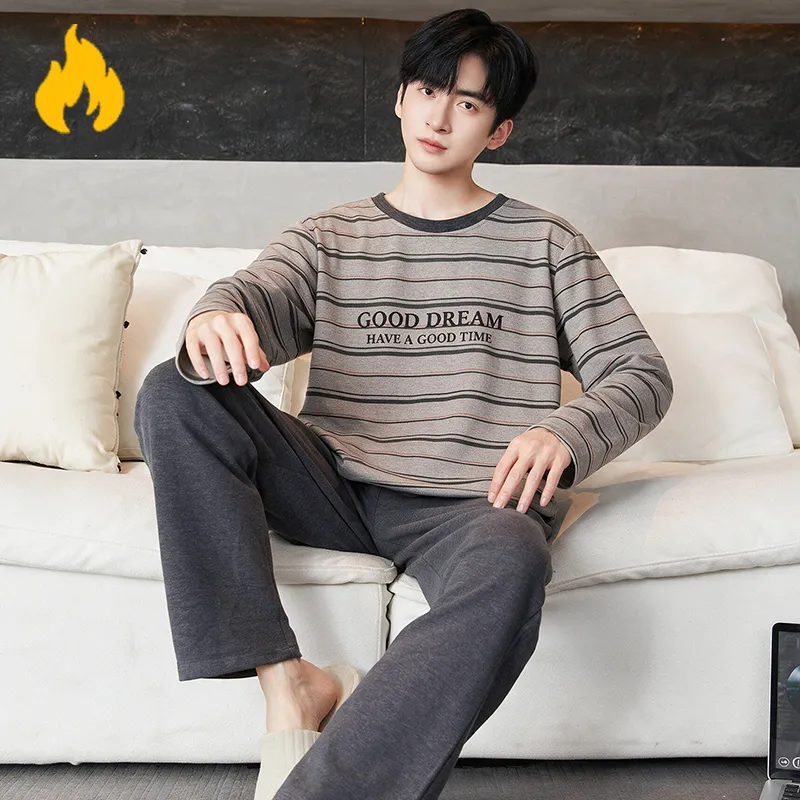 Autumn Winter New Cashmere AB-Side Men's Pajamas Korean Style Crew Neck Set Warm Casual Wearable Outside Loungewear · Wholesale · OEM · Worldwide Shipping - Detail 4