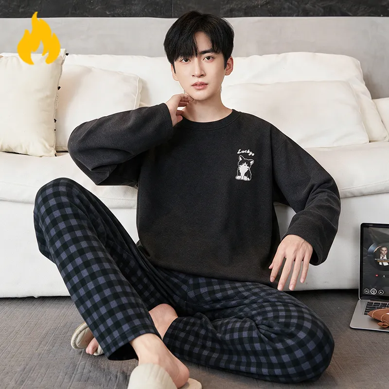 Autumn Winter New Cashmere AB-Side Men's Pajamas Korean Style Crew Neck Set Warm Casual Wearable Outside Loungewear · Wholesale · OEM · Worldwide Shipping - Detail 1