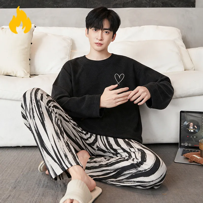 Autumn Winter New Cashmere AB-Side Men's Pajamas Korean Style Crew Neck Set Warm Casual Wearable Outside Loungewear · Wholesale · OEM · Worldwide Shipping - Detail 2