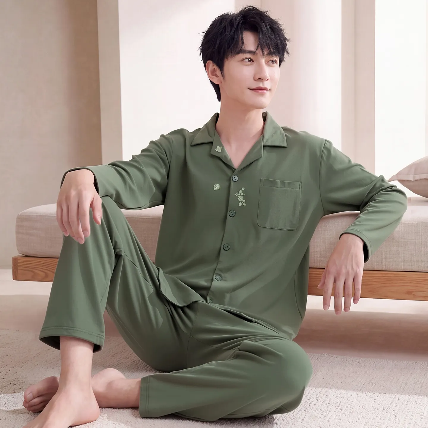 Couple Matching Autumn/Winter Long-Sleeve Stretch Cotton Pajama Set, High-Quality Solid Color Comfortable Loungewear for Men and Women · Wholesale · OEM · Worldwide Shipping - View 3