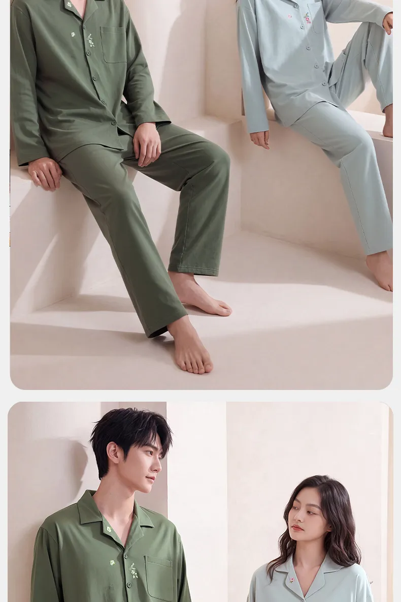 Couple Matching Autumn/Winter Long-Sleeve Stretch Cotton Pajama Set, High-Quality Solid Color Comfortable Loungewear for Men and Women · Wholesale · OEM · Worldwide Shipping - Detail 15