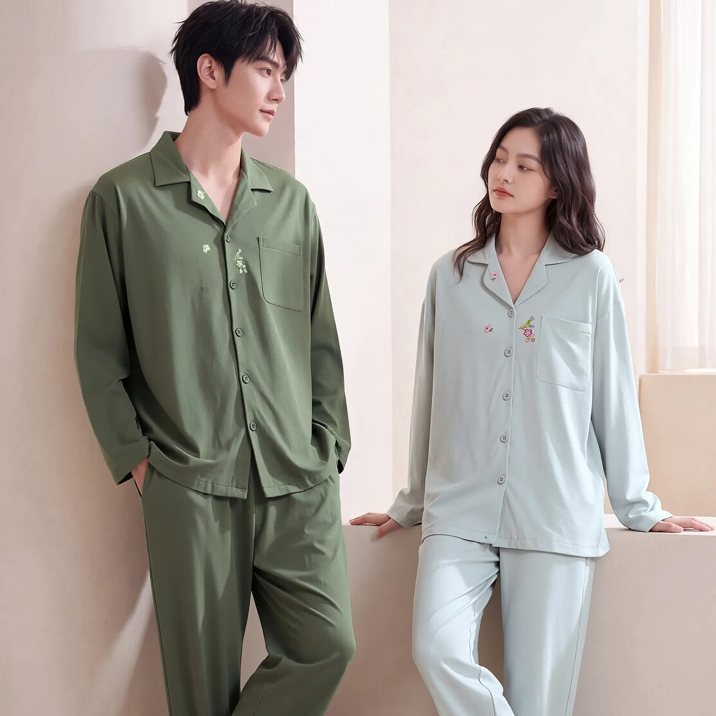 Couple Matching Autumn/Winter Long-Sleeve Stretch Cotton Pajama Set, High-Quality Solid Color Comfortable Loungewear for Men and Women · Wholesale · OEM · Worldwide Shipping - View 1