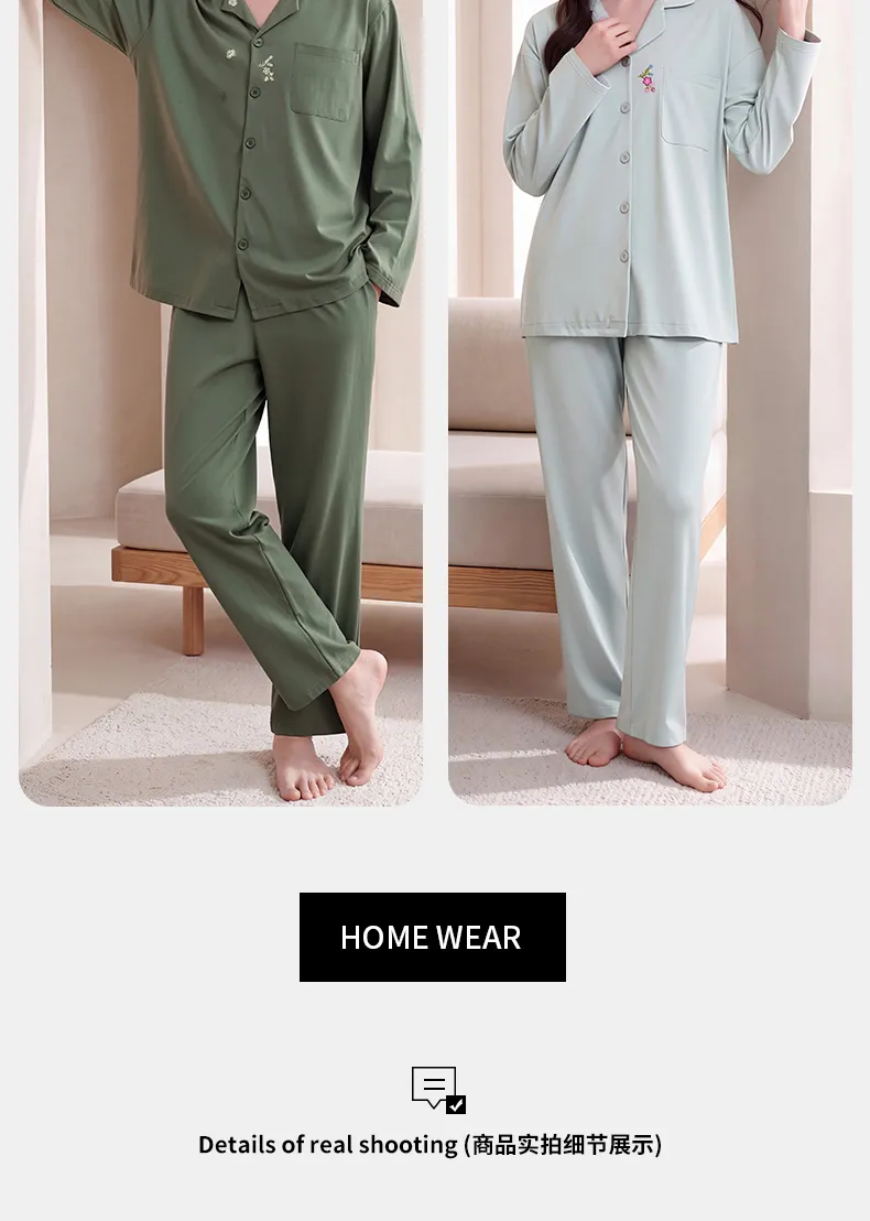 Couple Matching Autumn/Winter Long-Sleeve Stretch Cotton Pajama Set, High-Quality Solid Color Comfortable Loungewear for Men and Women · Wholesale · OEM · Worldwide Shipping - Detail 18
