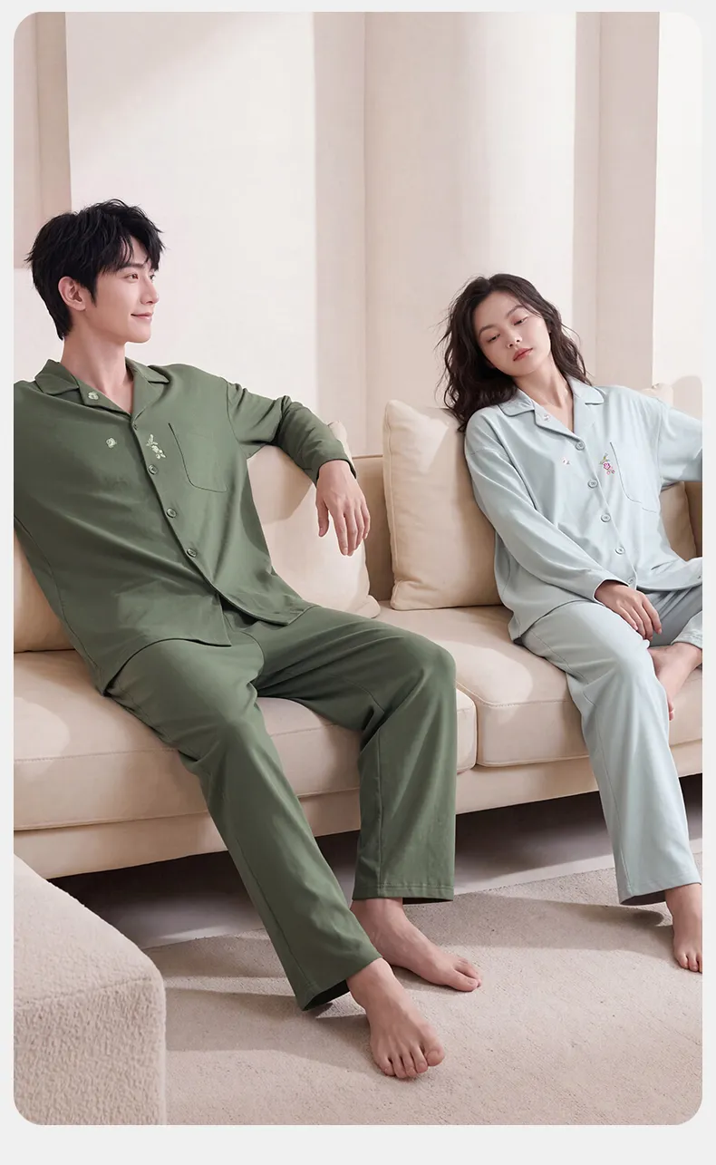 Couple Matching Autumn/Winter Long-Sleeve Stretch Cotton Pajama Set, High-Quality Solid Color Comfortable Loungewear for Men and Women · Wholesale · OEM · Worldwide Shipping - Detail 11