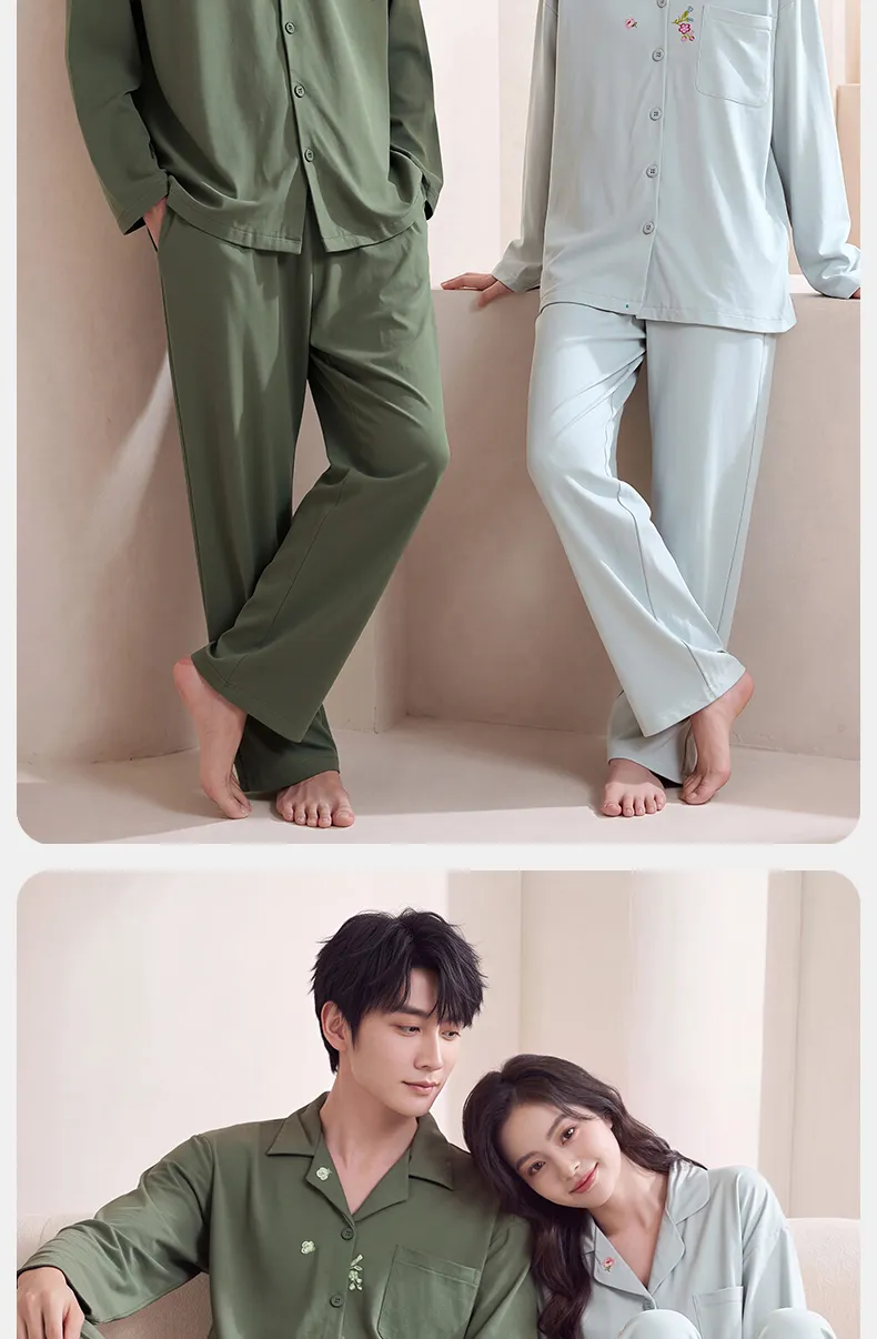 Couple Matching Autumn/Winter Long-Sleeve Stretch Cotton Pajama Set, High-Quality Solid Color Comfortable Loungewear for Men and Women · Wholesale · OEM · Worldwide Shipping - Detail 16