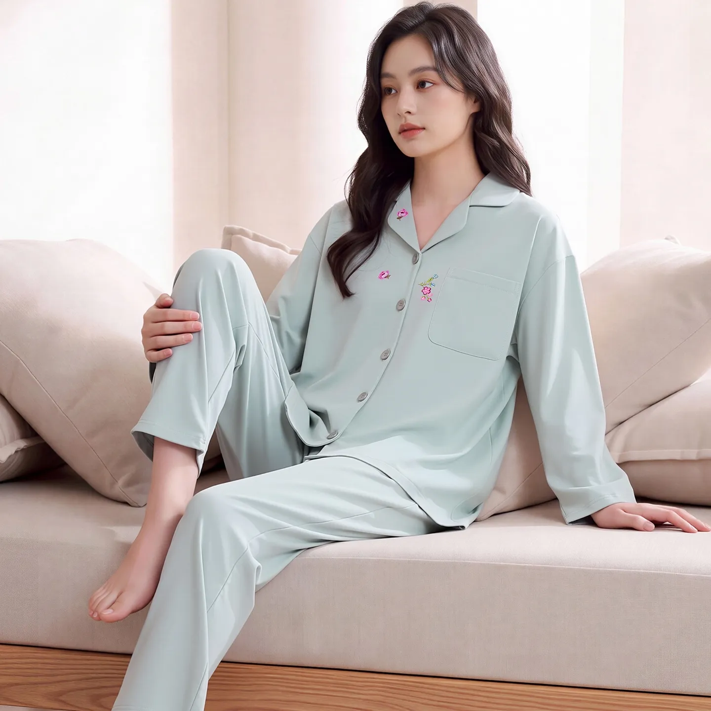 Couple Matching Autumn/Winter Long-Sleeve Stretch Cotton Pajama Set, High-Quality Solid Color Comfortable Loungewear for Men and Women · Wholesale · OEM · Worldwide Shipping - View 2