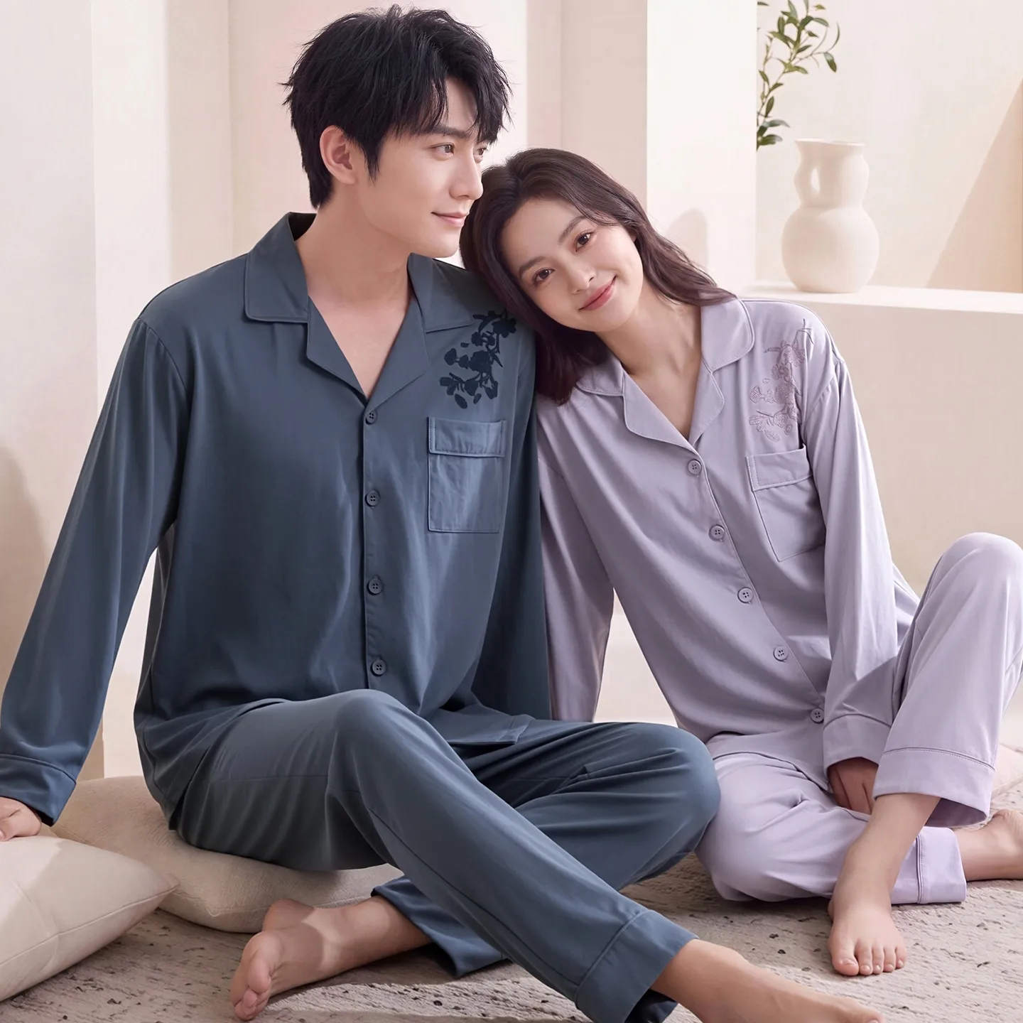 Couple Matching Autumn/Winter Long-Sleeve Stretch Cotton Pajama Set, High-Quality Solid Color Comfortable Loungewear for Men and Women · Wholesale · OEM · Worldwide Shipping - Detail 4