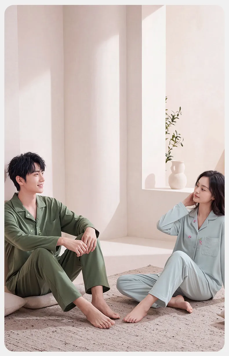 Couple Matching Autumn/Winter Long-Sleeve Stretch Cotton Pajama Set, High-Quality Solid Color Comfortable Loungewear for Men and Women · Wholesale · OEM · Worldwide Shipping - Detail 10