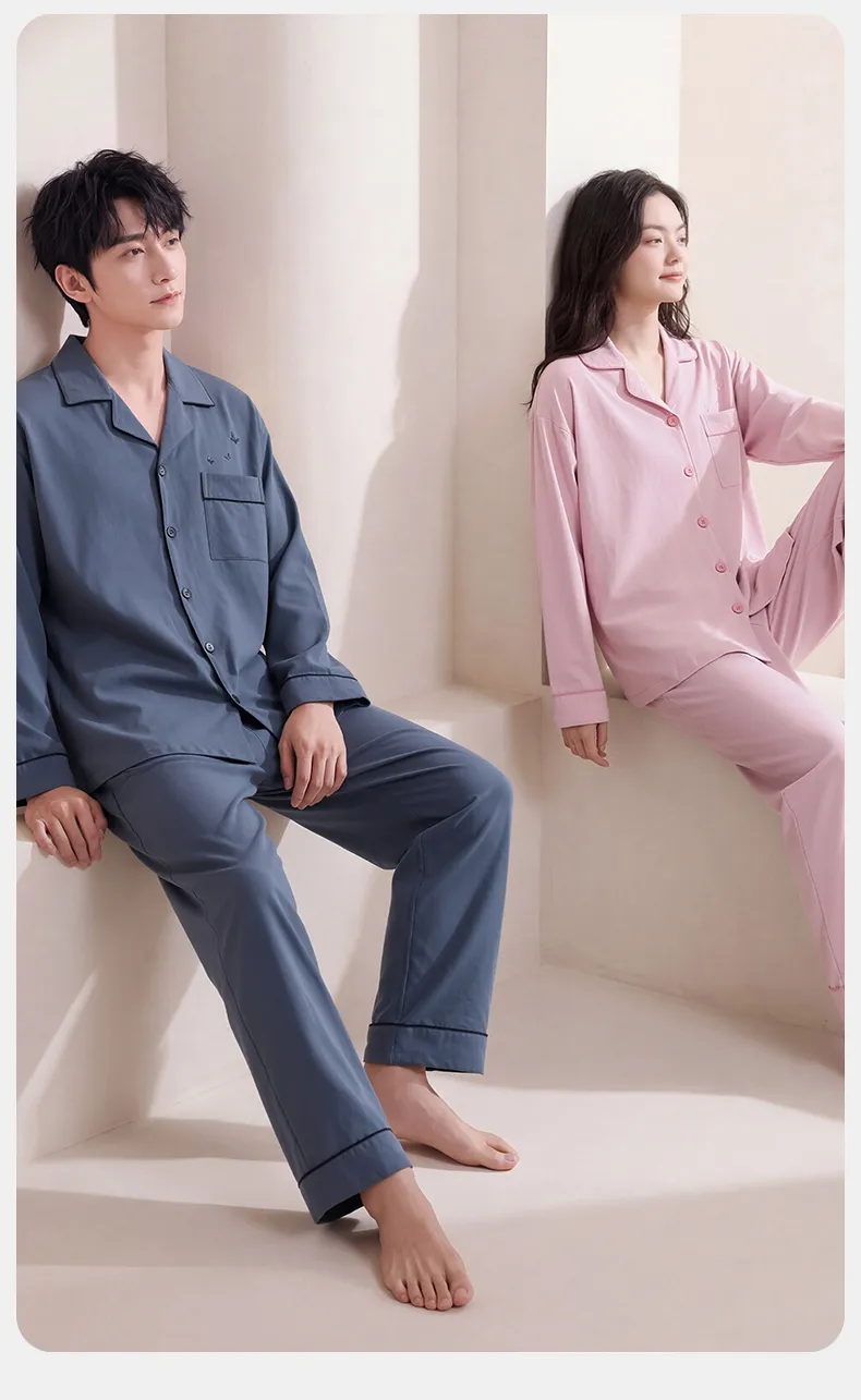 Couple Matching Autumn/Winter Long-Sleeve Stretch Cotton Pajama Set, High-Quality Solid Color Comfortable Loungewear for Men and Women · Wholesale · OEM · Worldwide Shipping - Detail 11