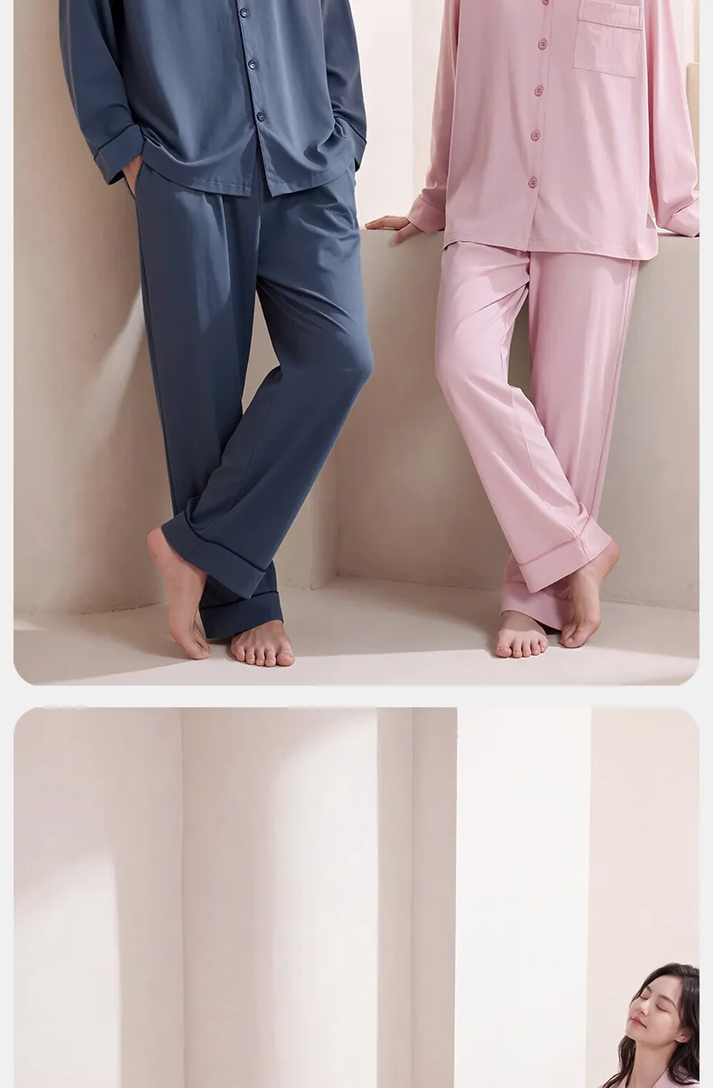 Couple Matching Autumn/Winter Long-Sleeve Stretch Cotton Pajama Set, High-Quality Solid Color Comfortable Loungewear for Men and Women · Wholesale · OEM · Worldwide Shipping - Detail 16