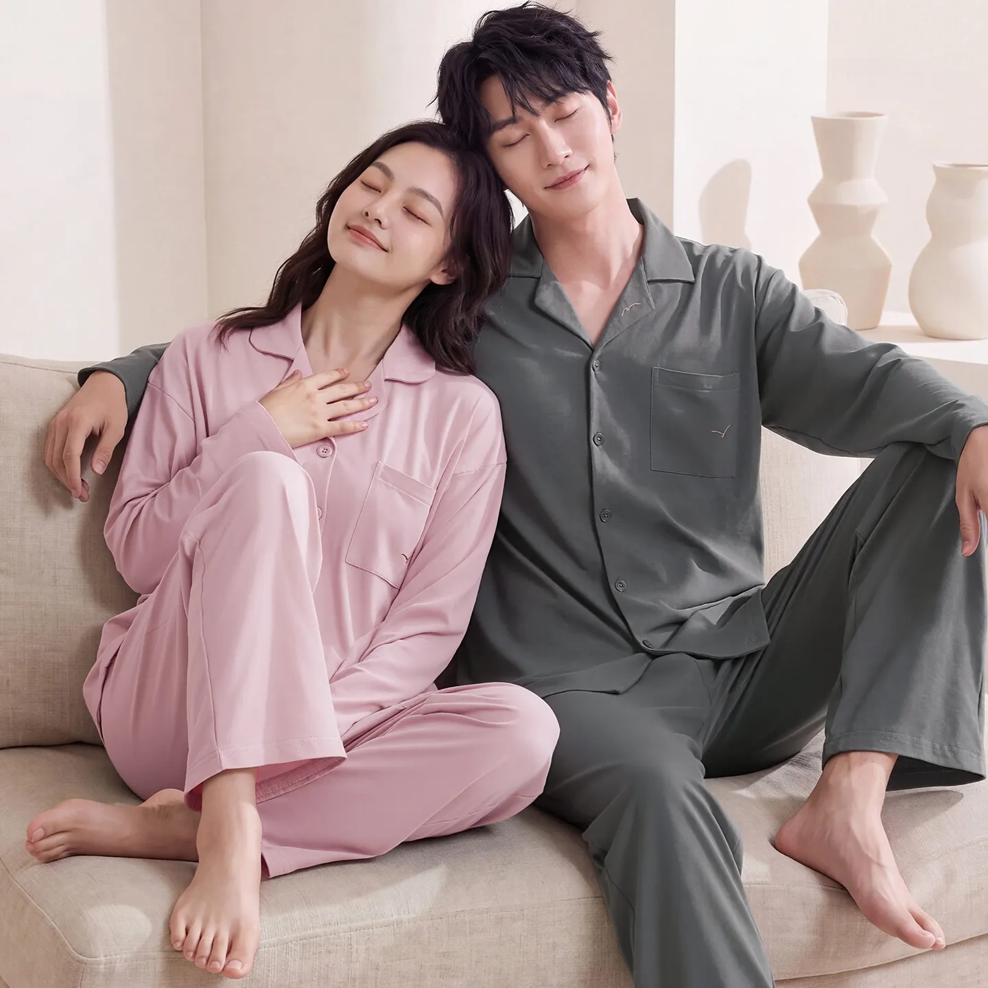 Couple Matching Autumn/Winter Long-Sleeve Stretch Cotton Pajama Set, High-Quality Solid Color Comfortable Loungewear for Men and Women · Wholesale · OEM · Worldwide Shipping - Detail 5