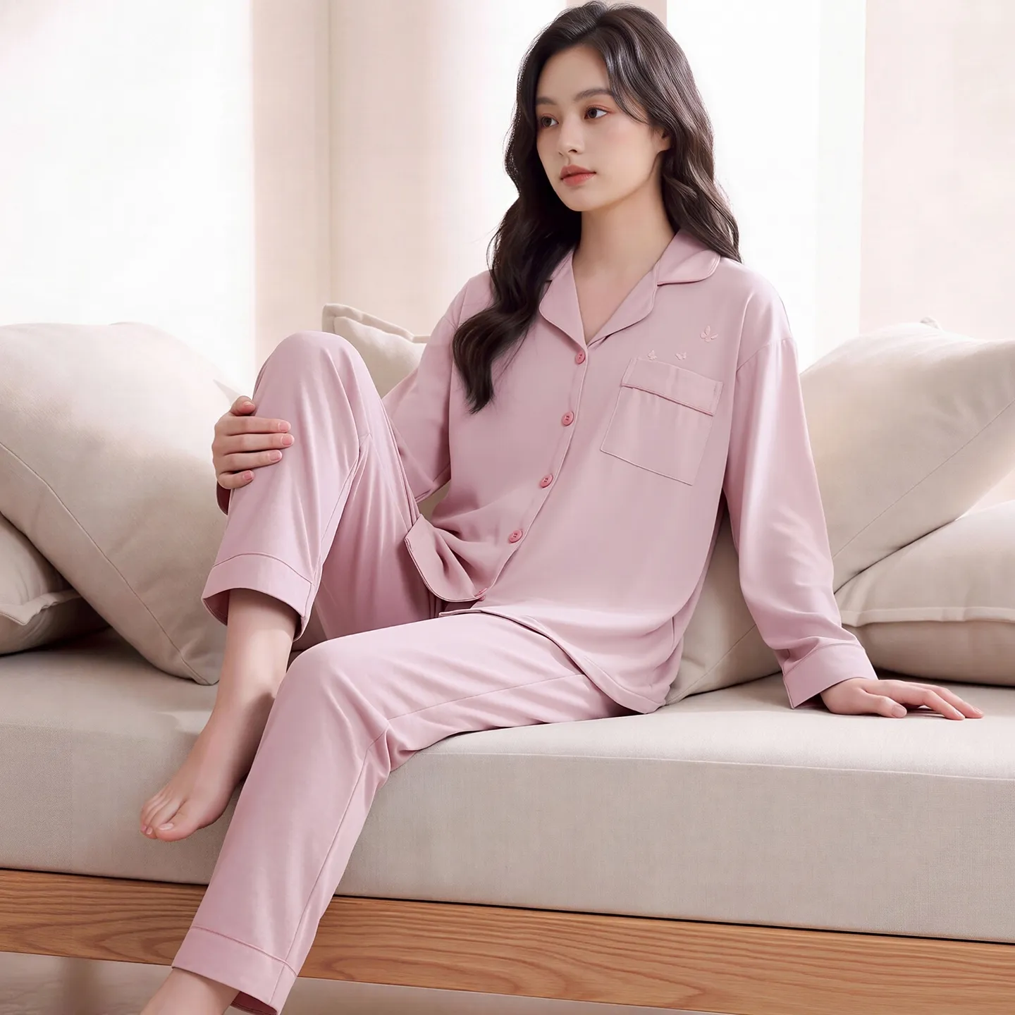 Couple Matching Autumn/Winter Long-Sleeve Stretch Cotton Pajama Set, High-Quality Solid Color Comfortable Loungewear for Men and Women · Wholesale · OEM · Worldwide Shipping - View 2