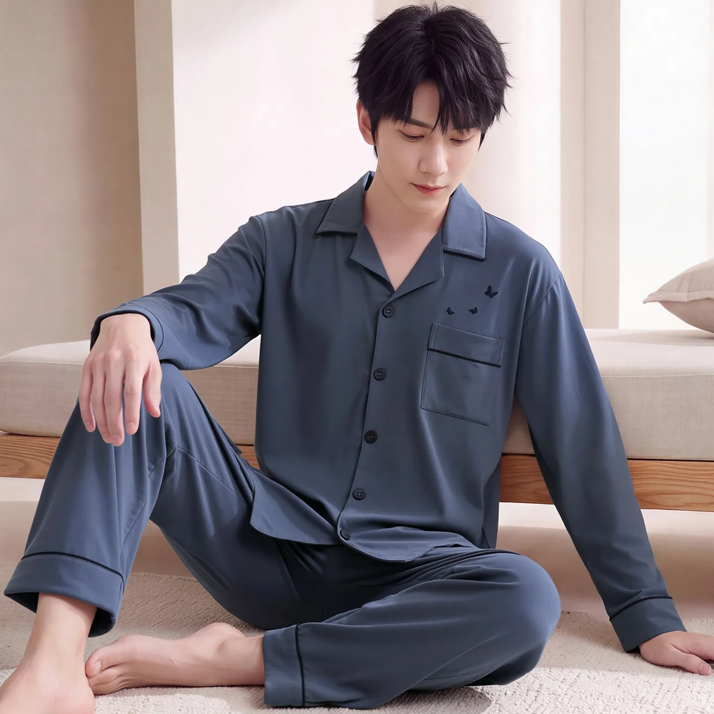 Couple Matching Autumn/Winter Long-Sleeve Stretch Cotton Pajama Set, High-Quality Solid Color Comfortable Loungewear for Men and Women · Wholesale · OEM · Worldwide Shipping - View 3