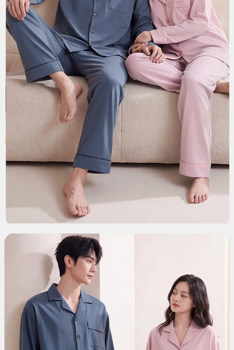 Couple Matching Autumn/Winter Long-Sleeve Stretch Cotton Pajama Set, High-Quality Solid Color Comfortable Loungewear for Men and Women · Wholesale · OEM · Worldwide Shipping - Detail 15