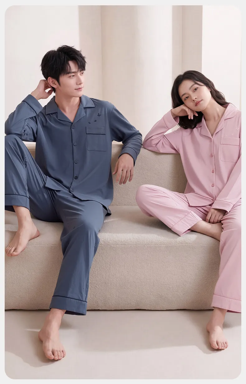Couple Matching Autumn/Winter Long-Sleeve Stretch Cotton Pajama Set, High-Quality Solid Color Comfortable Loungewear for Men and Women · Wholesale · OEM · Worldwide Shipping - Detail 10