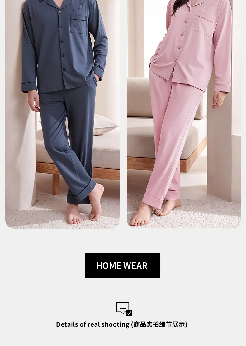 Couple Matching Autumn/Winter Long-Sleeve Stretch Cotton Pajama Set, High-Quality Solid Color Comfortable Loungewear for Men and Women · Wholesale · OEM · Worldwide Shipping - Detail 18