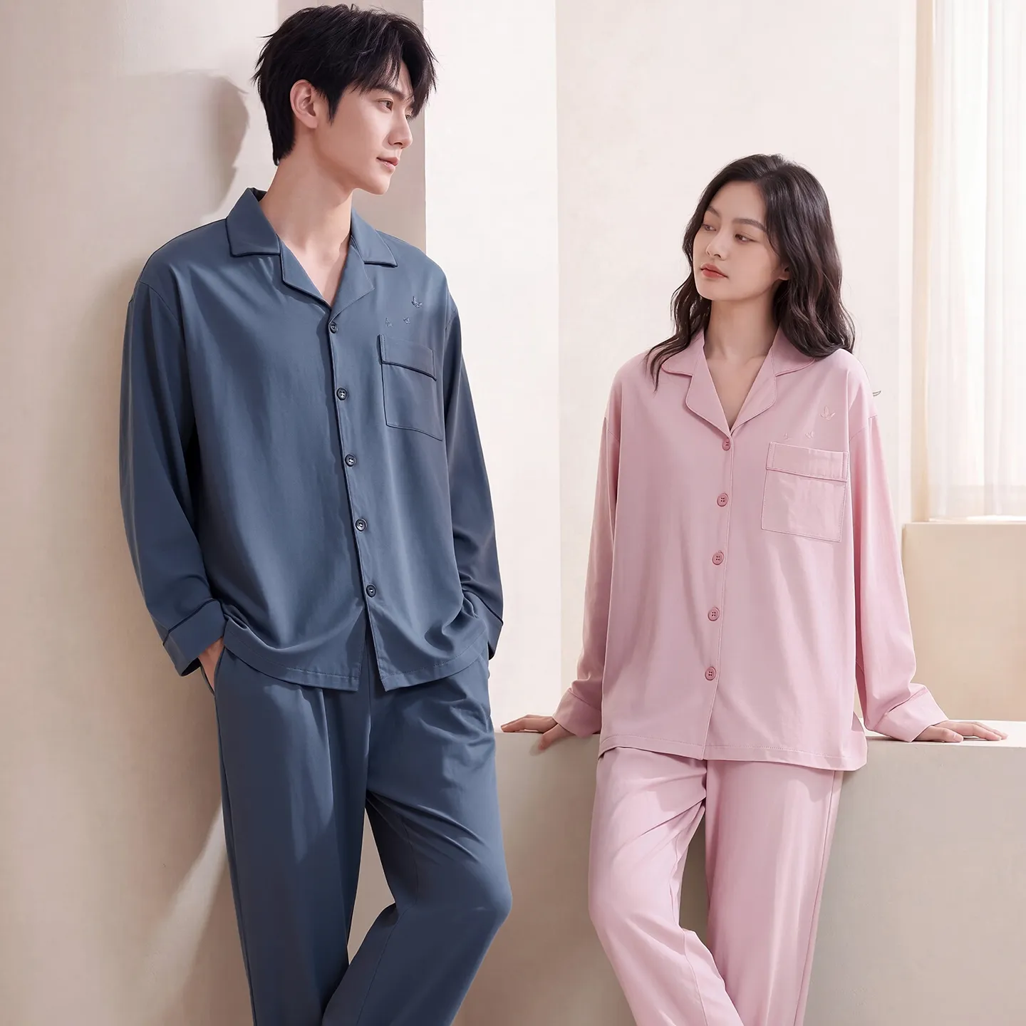 Couple Matching Autumn/Winter Long-Sleeve Stretch Cotton Pajama Set, High-Quality Solid Color Comfortable Loungewear for Men and Women · Wholesale · OEM · Worldwide Shipping - View 1