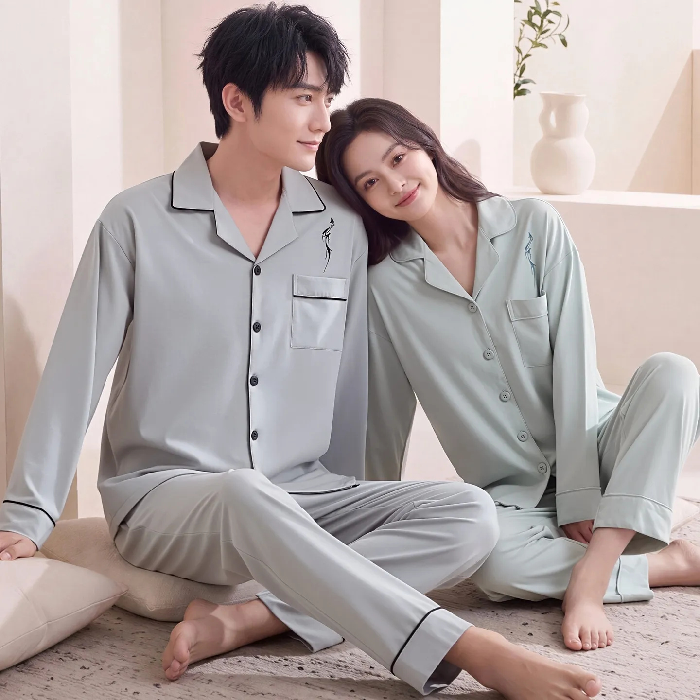 Setelan Piyama Pasangan Musim Gugur/Dingin, Lengan Panjang, Katun Stretch Berkualitas Tinggi, Polos, Pakaian Rumah Nyaman untuk Pria dan Wanita · Grosir · OEM · Pengiriman Global