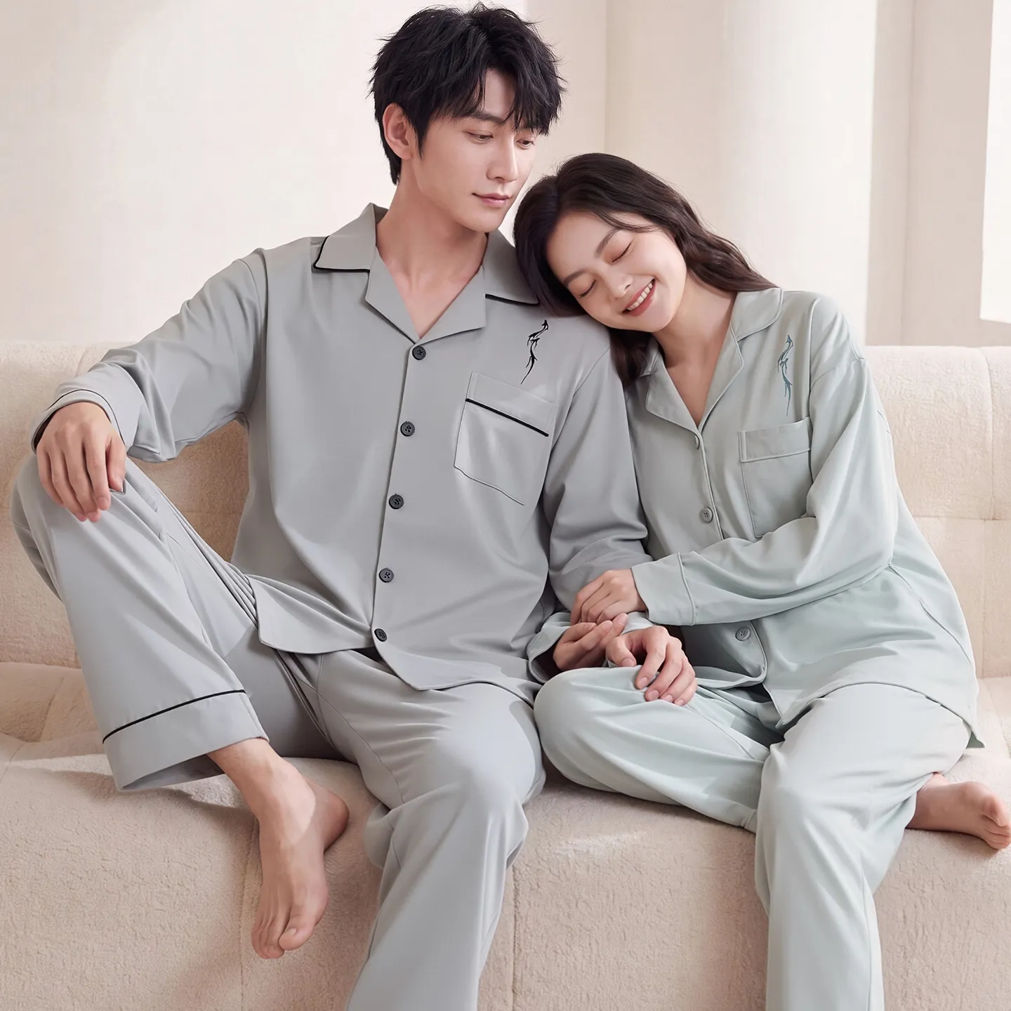 Couple Matching Autumn/Winter Long-Sleeve Stretch Cotton Pajama Set, High-Quality Solid Color Comfortable Loungewear for Men and Women · Wholesale · OEM · Worldwide Shipping - View 1