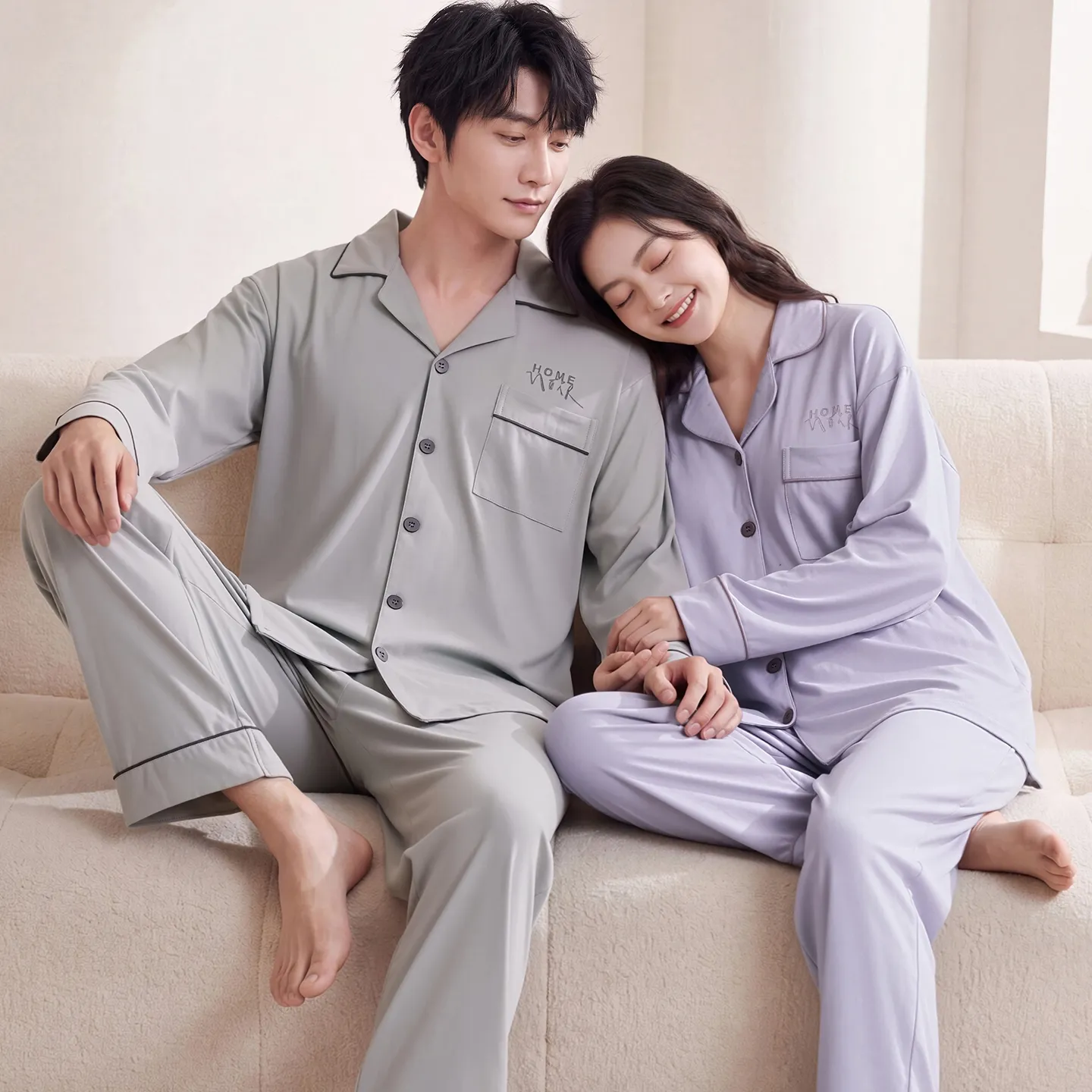Couple Matching Autumn/Winter Long-Sleeve Stretch Cotton Pajama Set, High-Quality Solid Color Comfortable Loungewear for Men and Women · Wholesale · OEM · Worldwide Shipping - Detail 6